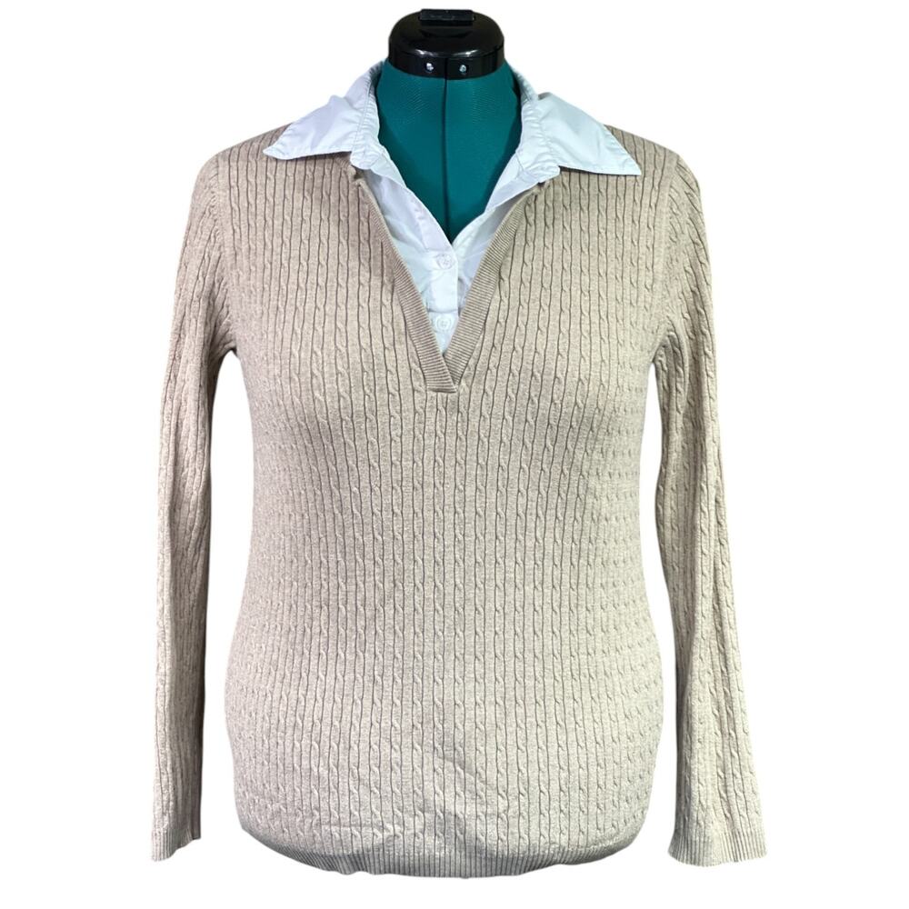 Lane Bryant Faux Layered Long Sleeve Collar Sweater V Neck Plus Size 14/16 Beige